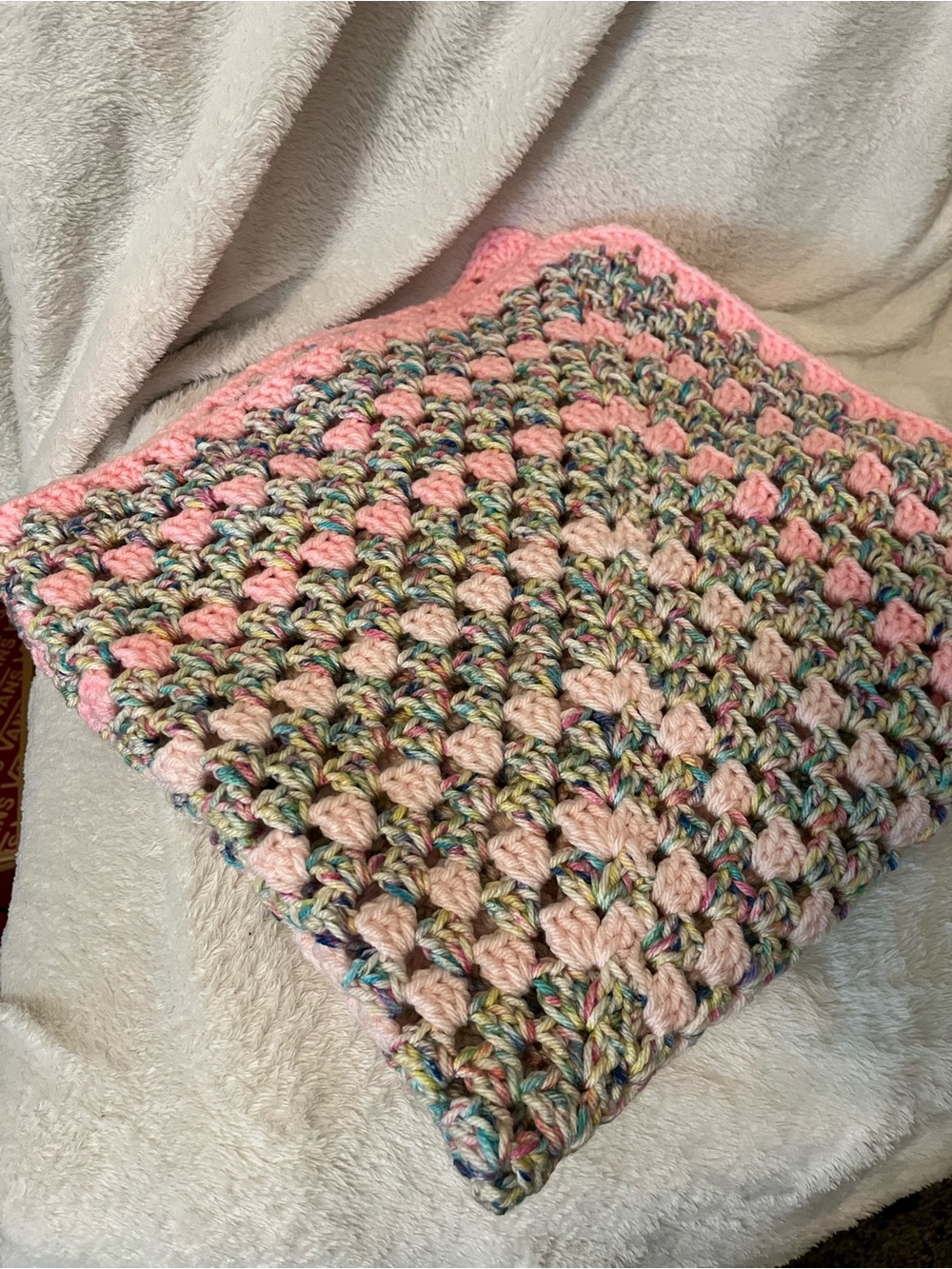 Handmade Crochet Baby Blanket in Pink & Pastel Multicolor